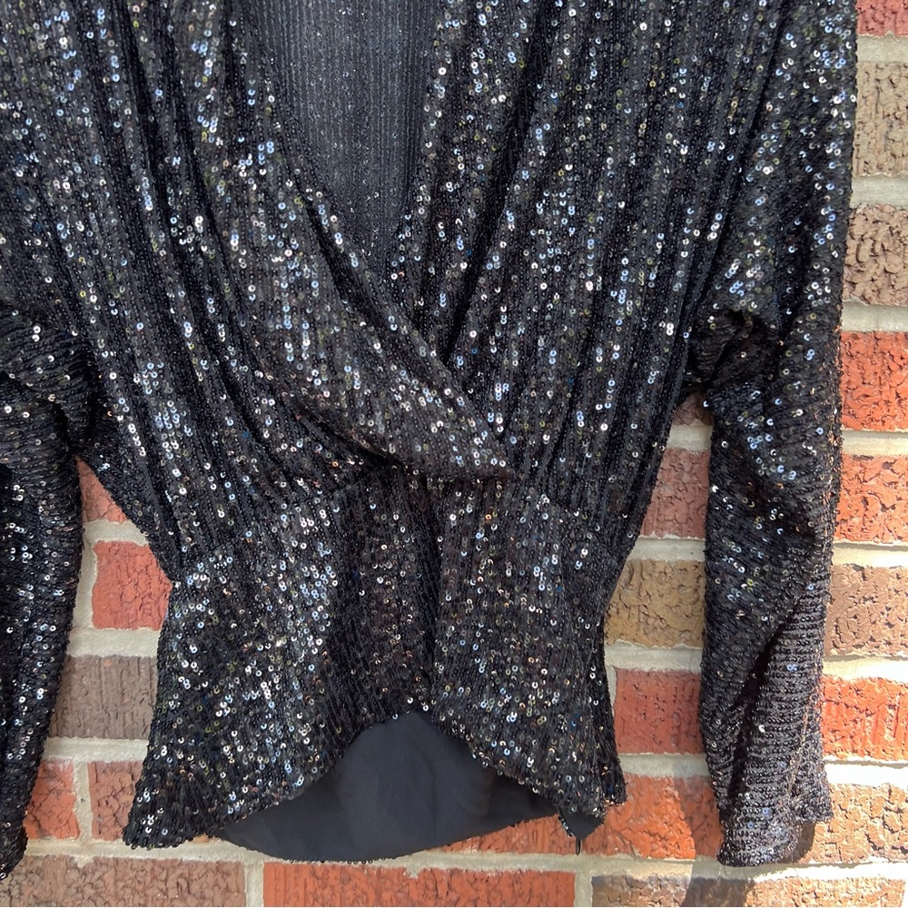 Zara Black Sequin Surplice Deep Plunge Long Sleeve Peplum Blouse Top - Picture 2 of 3